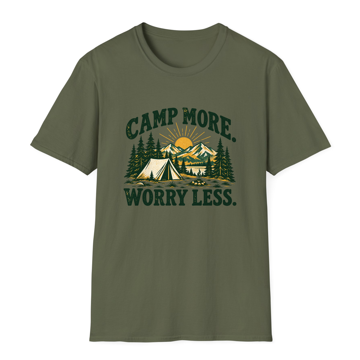 Camp More Worry Less T-Shirt - Military Green - front