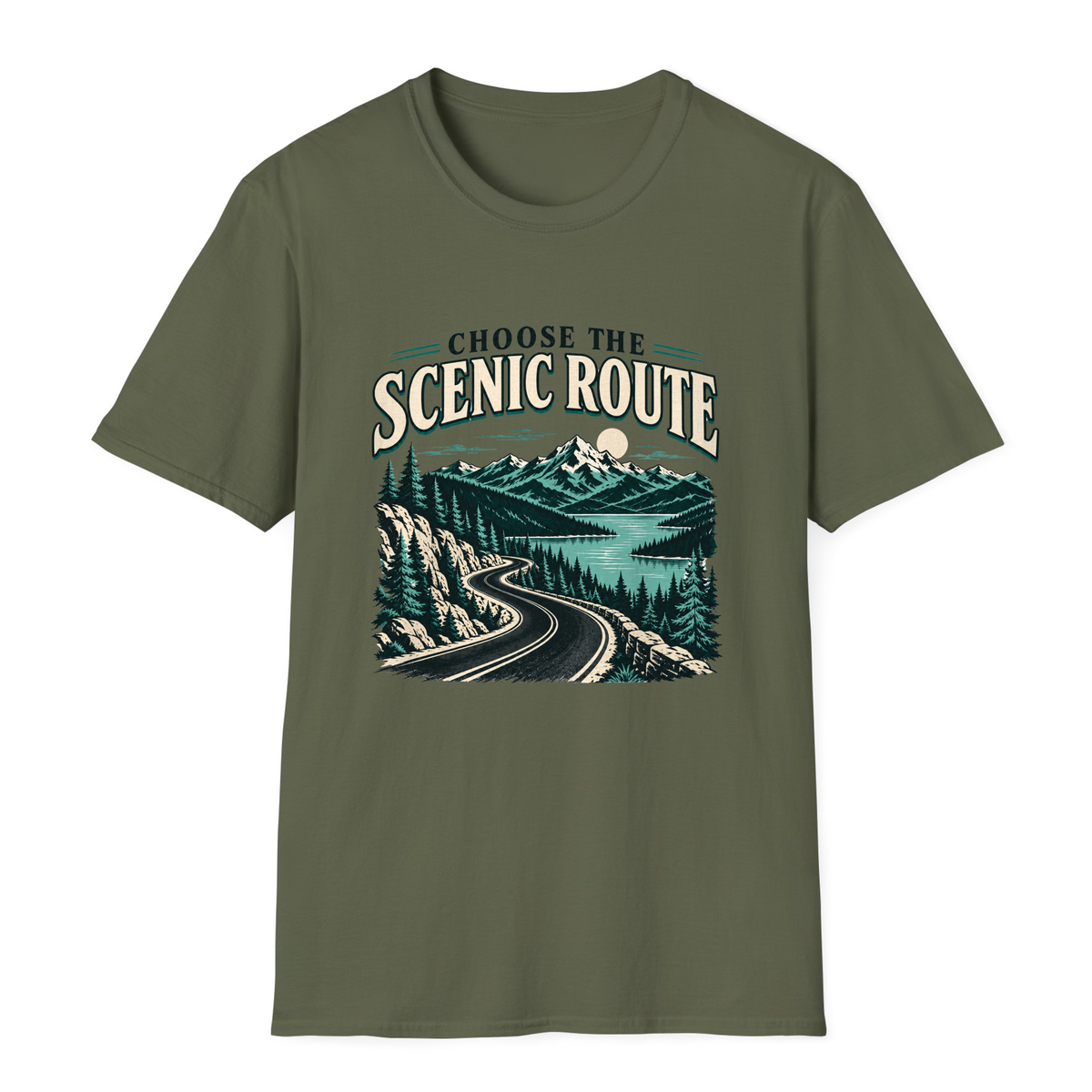 Choose The Scenic Route T-Shirt - Military Green - front