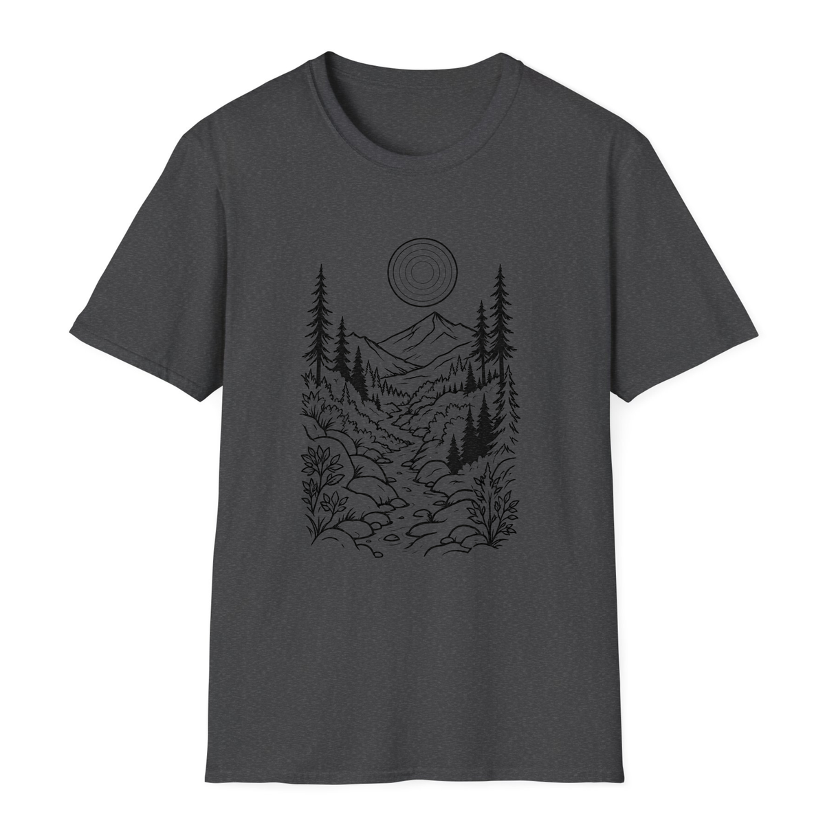 Moonlit Mountain Landscape T-Shirt - Dark Heather - front
