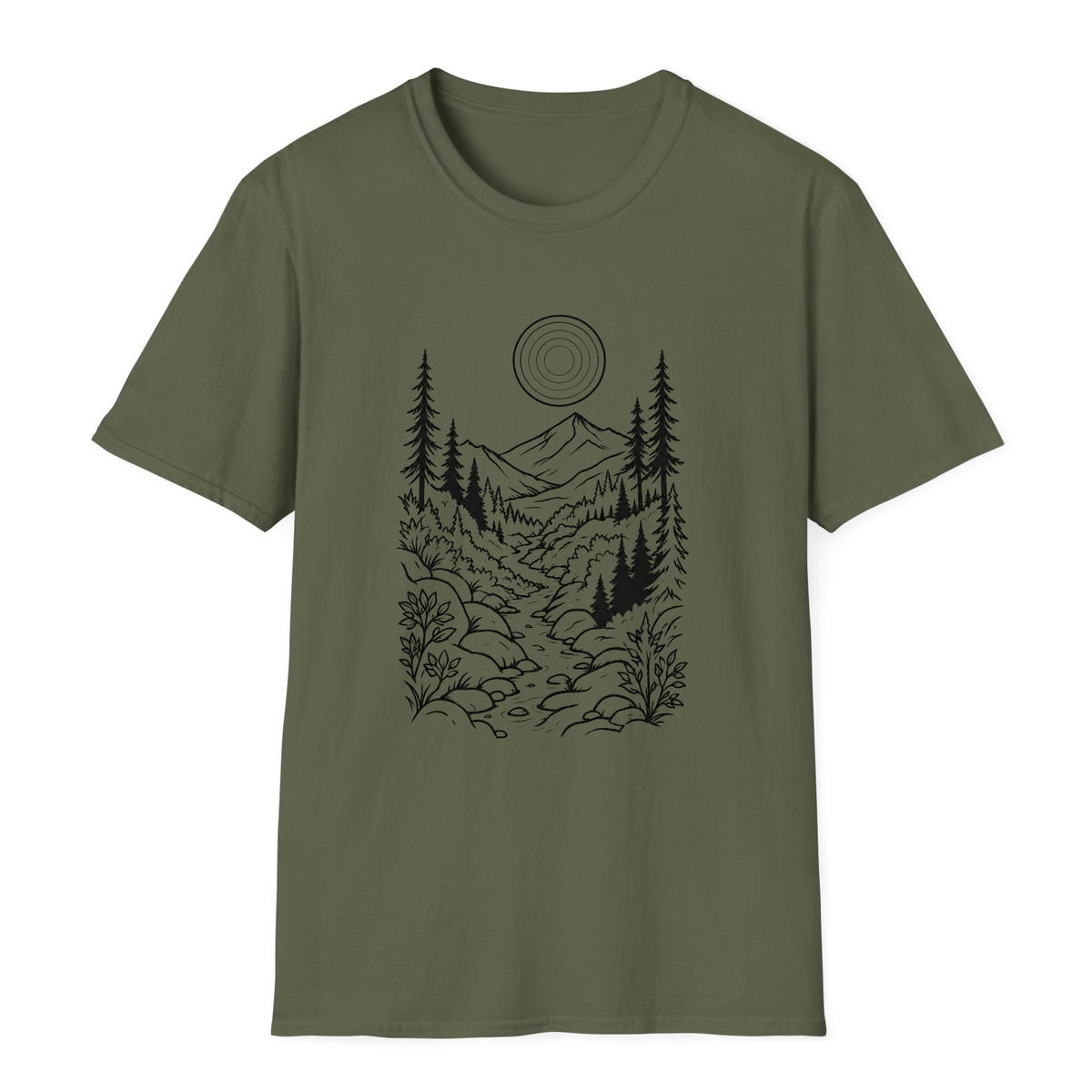 Moonlit Mountain Landscape T-Shirt - Military Green - front