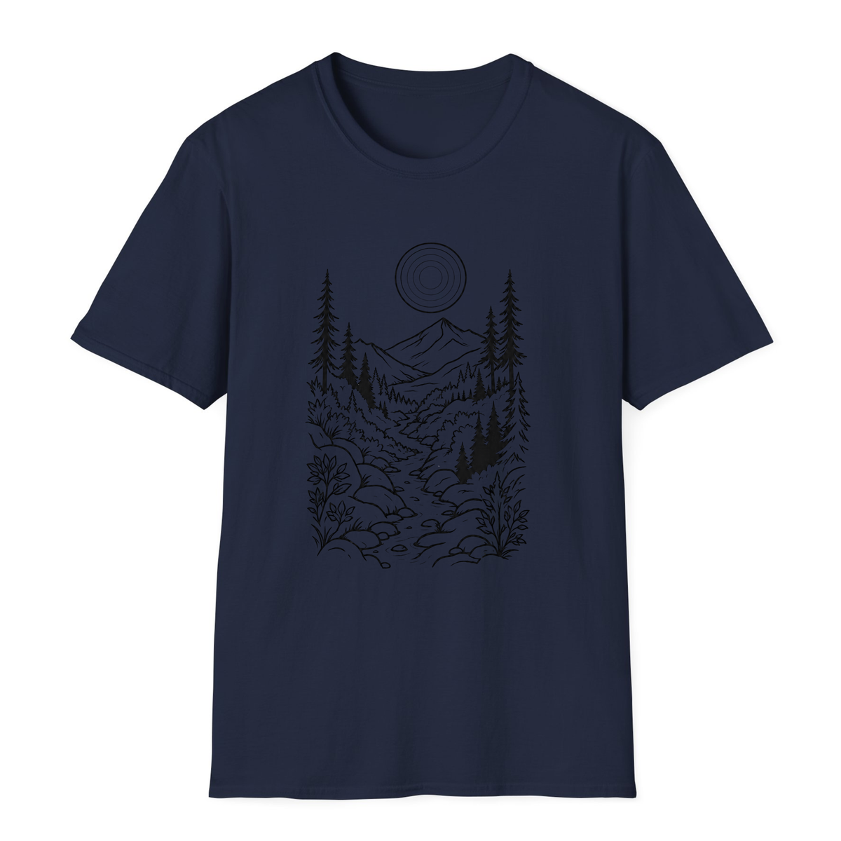Moonlit Mountain Landscape T-Shirt - Navy - front