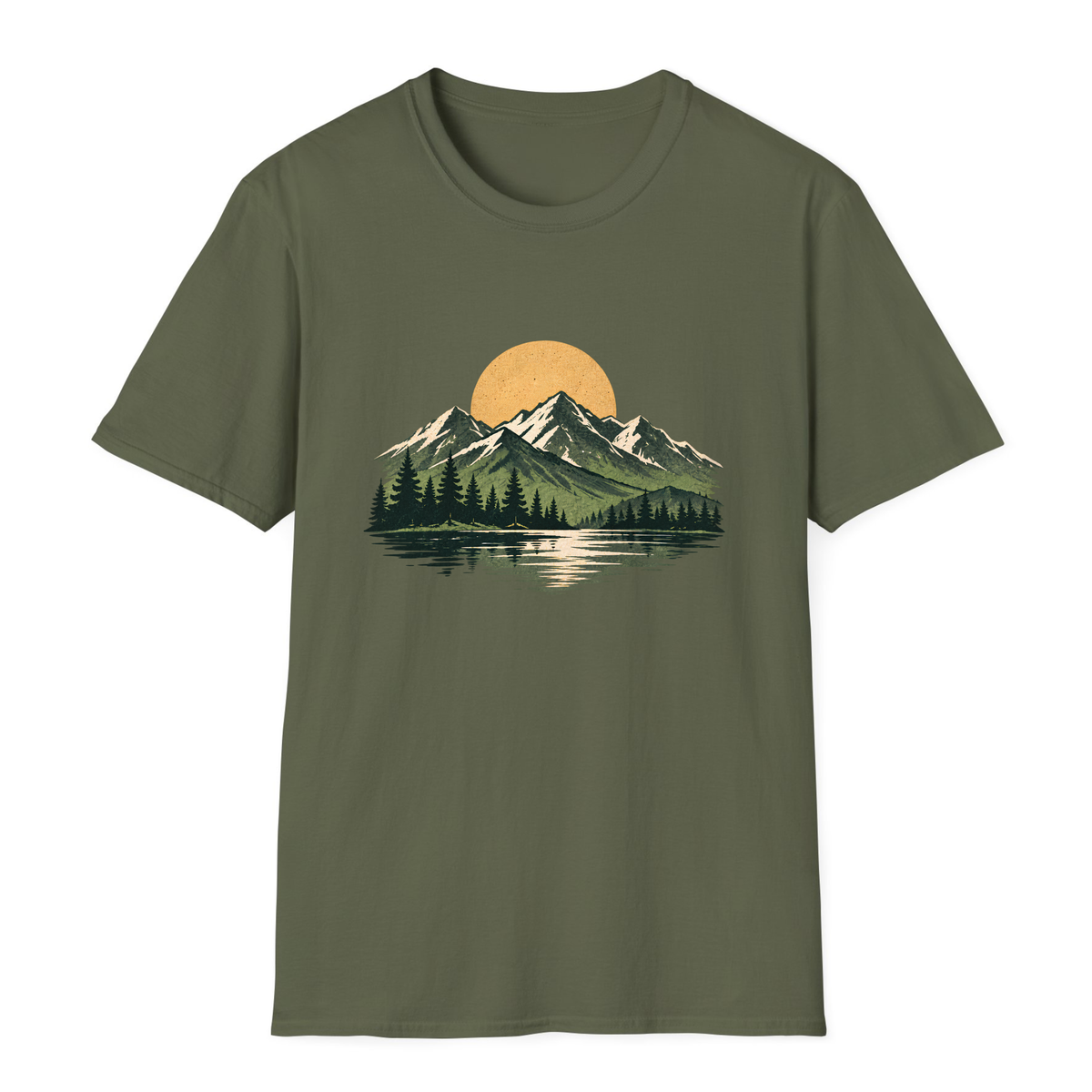 Mountain Lake Landscape T-Shirt - Military Green - front
