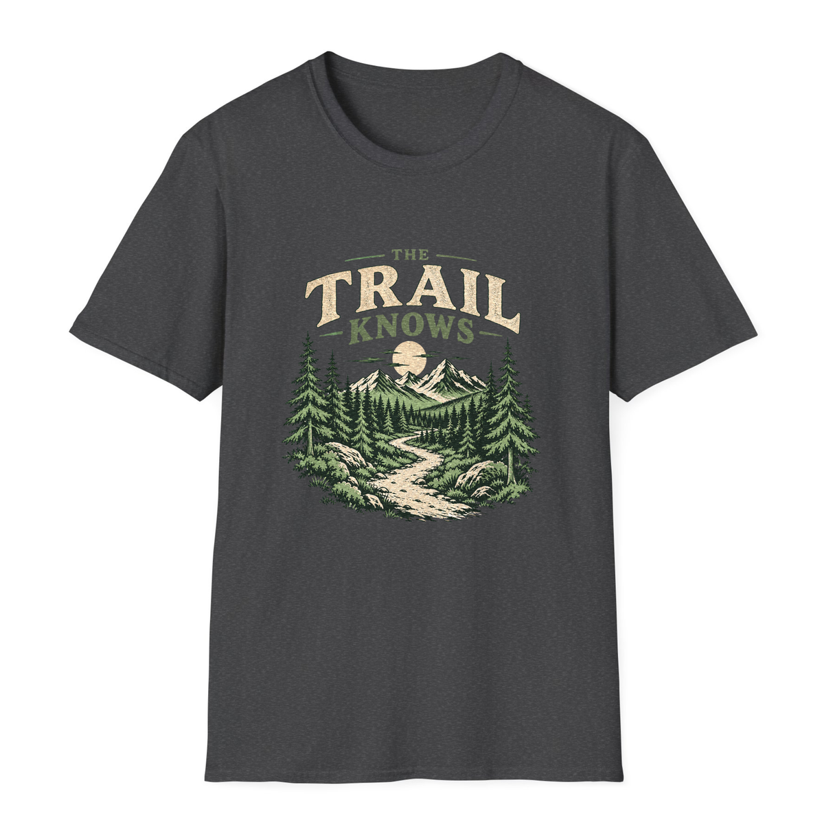 The Trail Knows T-Shirt - Dark Heather - front